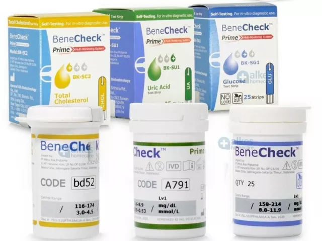 Tiras reactivas BENECHECK Prime para colesterol, ácido úrico, glucosa expiración 2024
