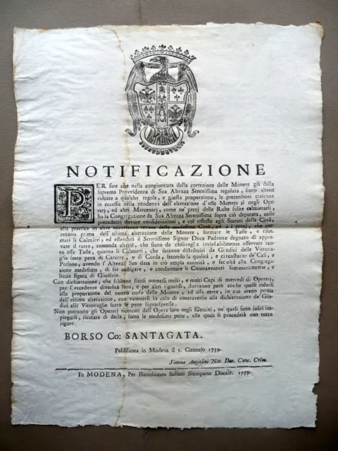 Notificazione Correzione Alterazione Monete Calmieri Prezzi Modena Soliani 1739