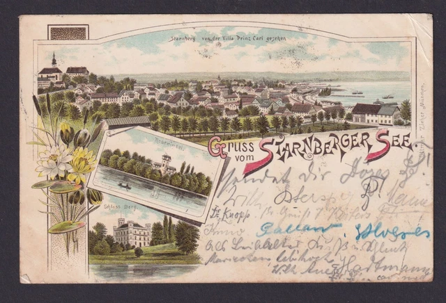 Litho Ansichtskarte Starnberger See Bayern Schloss Berg Roseninsel n. Elberfeld