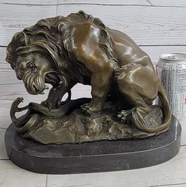 Elegant Classical Snake Serpent Fighting Lion Bronze Marble Statue Sculpture Art