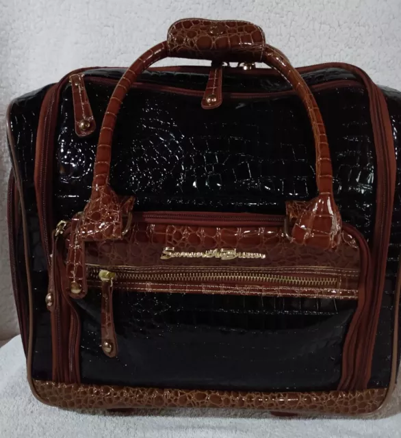 Samantha Brown  Embossed Leather Carry On Wheeled Luggage Black 15" x 14”