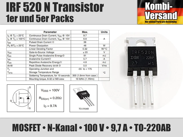 Kit 5 MOSFET IRF520N N-Channel - Per Arduino E Raspberry Pi