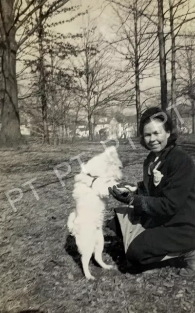 Antique Vintage Original Photo Pretty Young Woman & Cute White Dog 1940s Puppy