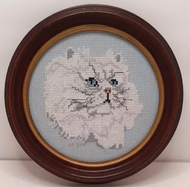 Vintage Completed 1989 Counted Cross Stitch Cat in Round Wood Frame