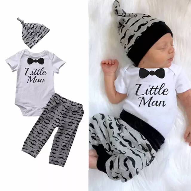 3PCS Infant Newborn Baby Boy Romper Tops+Long Pants+Hat Outfit Clothes 0-18M