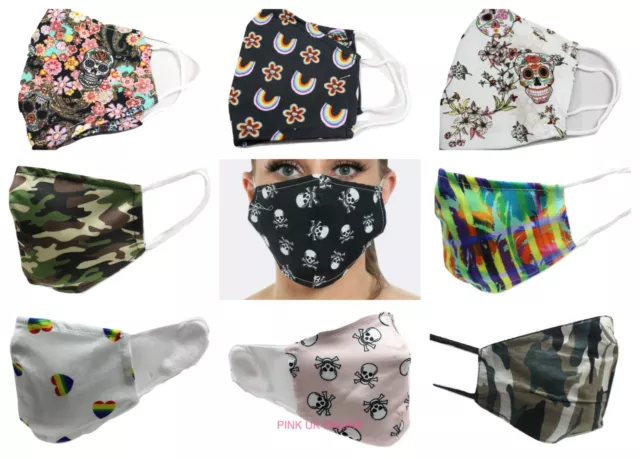 Face Mask Cotton Washable Reusable Mouth Covering Rainbow Skull Rose Ladies Mens