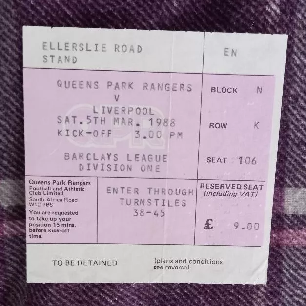 1987/88 Division One Ticket - QUEENS PARK RANGERS v. LIVERPOOL