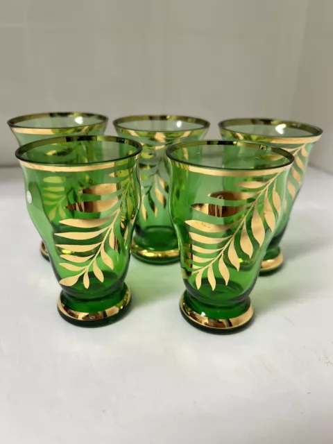 Set of 5 Vintage Bohemian Enameled Green & Gold Shot Glasses Hand-Painted