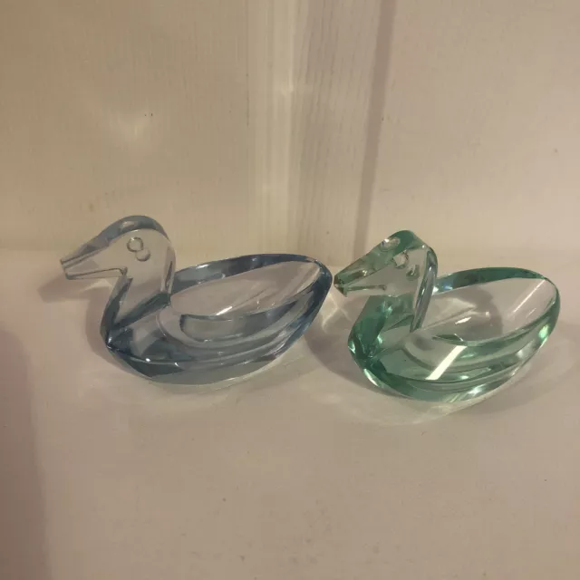 Vintage Crystal Cut Glass Open Duck Salt Cellars Coloured Glass Blue Green Rare