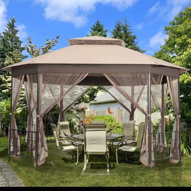 10' x 12' Octagonal Patio Gazebo Canopy Shelter Double Top W/Netting Sidewalls