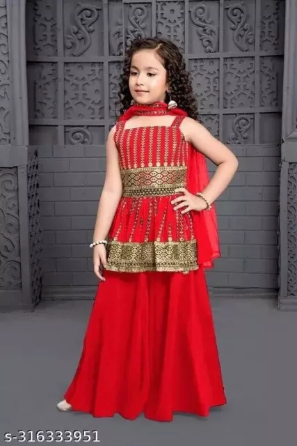 Abito da ragazza ricamato rosso Kurta e Sharara con Dupatta 2-11 anni...