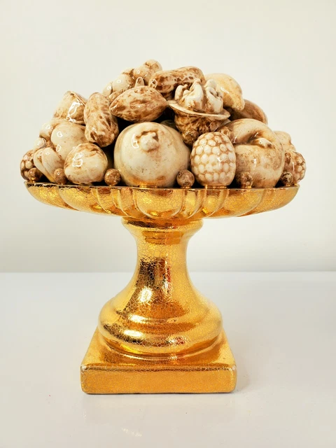 VTG 1964 Majolica Ceramic Fruit Pedestal Bowl Centerpiece Gold Leaf Signed Italy