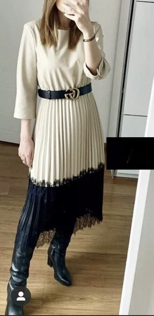 ZARA ECRU BLACK Lace Contrasting Faux Leather Pleated Dress M UK12