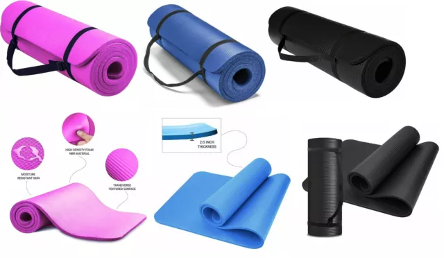 Yoga Mat for Pilates Gym Exercise Carry Strap 10mm Thick Large Comfortable NBR