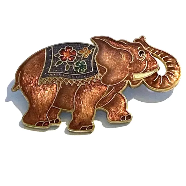 Cloisonné Elephant Brooch 1970s Red Floral Blanket Vintage Asian Jewelry Fashion