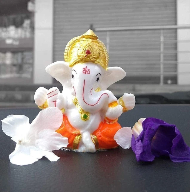 Statuette De Ganesh Blanche - Idole En Céramique Pour Tableau De Bord Voiture Ou Décoration - 8 X 10 Cm - Porte-bonheur - 2