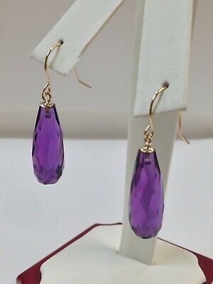 Natural Amethyst Dangle Earrings Solid 14kt Yellow Gold