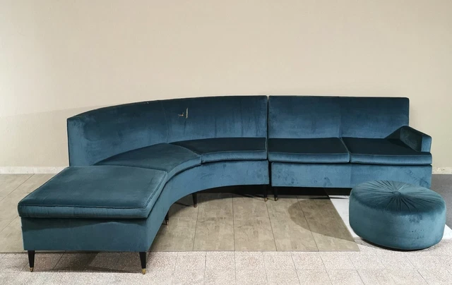 Divano e pouf vintage in velluto liscio turchese anni 60'