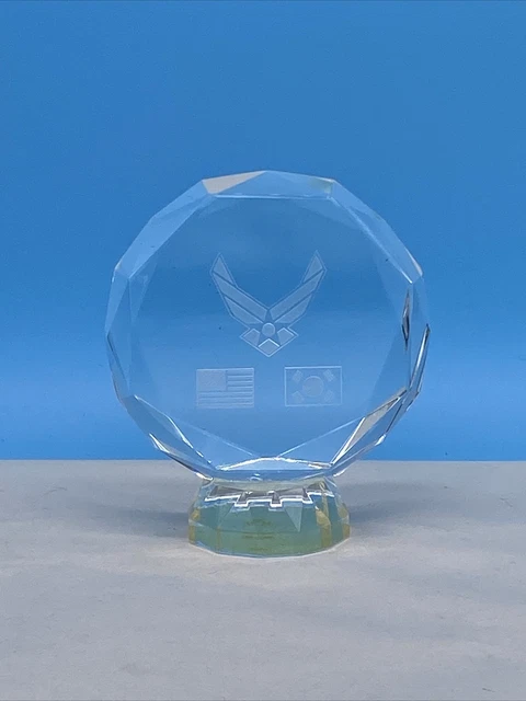 Air Force Clear Etched Glass Military Issue Paperweight South Korea / USA Flag