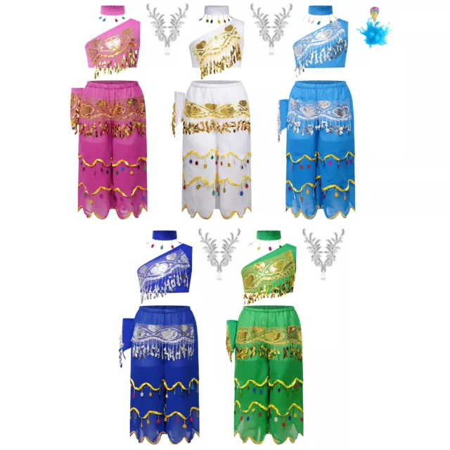 Kids Girls Costume Belly Outfit Dance Set Tassels Dress Up One Shoulder Arabian