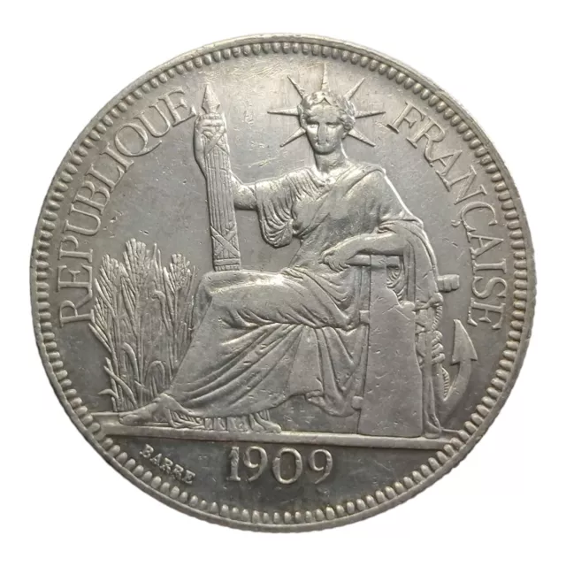 1909-A Silver Piastre Commerce French Indo-China Rare Crown Thaler Sized Coin 5C