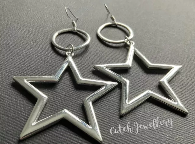 BIG Huge Silver HOOP STAR OVERSIZED Earrings Boho Gypsy Dangle Alloy