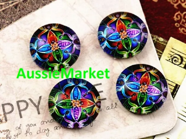 20 x cabochons glass dome colourful mosaic pattern flat back round 12mm crafts