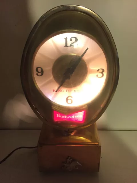 VINTAGE BUDWEISER LIGHTED ELECTRIC CLOCK 1960's BRASS BASE ~ Tested/Works!