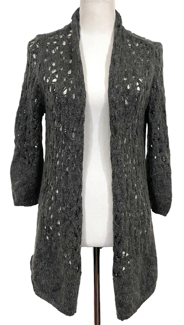 Eileen Fisher Sweater Cardigan Wool Mohair Gray Open Weave Chunky Knit Sz L