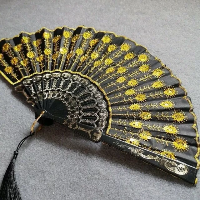 Sequin Folding Fan Dance Lace Tassel Fringe Lolita Spanish Hand Held Party