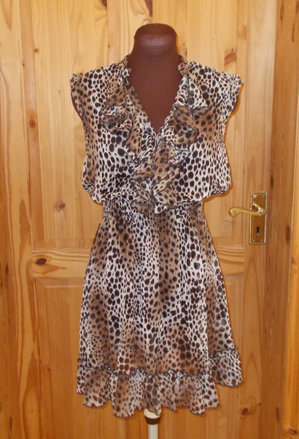 Mini abito River Island farina d'avena beige marrone stampa leopardata chiffon fronzolo 6 32