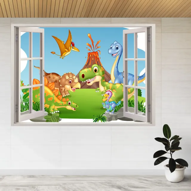 Cartoon Happy Dinosaurs In Jungle 3d Window View Wall Sticker Poster Decal A974