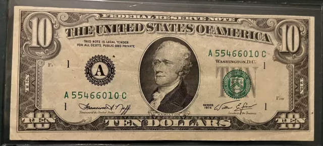 1974 Ten Dollar Bill Boston District A Ten Federal Reserve Note $10 Green Seal