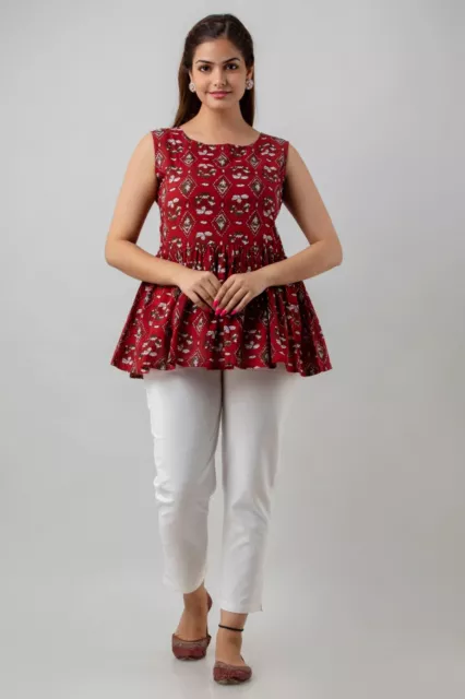 Women's Pure Cotton Printed Hip Length Formal Tops KRT040MAROON