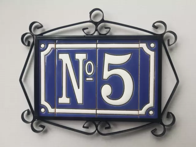 11cm x 5.5cm French Hand-painted Ceramic Blue Number Tiles & Metal Frames 3