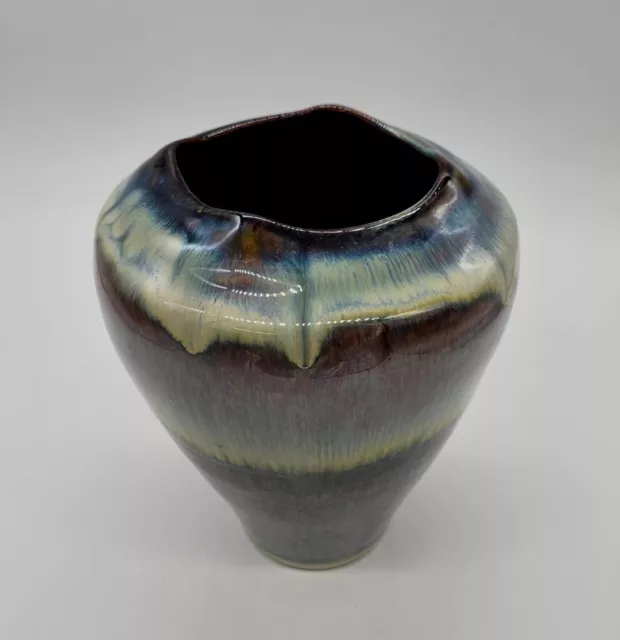 Bill Campbell Art Pottery Mottled Drip Glaze Blue Purple White Square Mouth 7” 2