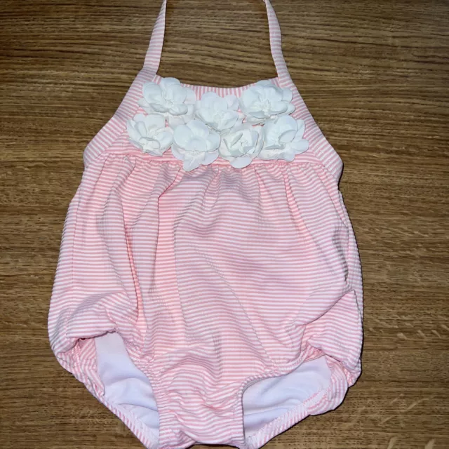 janie and jack baby girls size 6-12 months pink, white stripe swimsuit