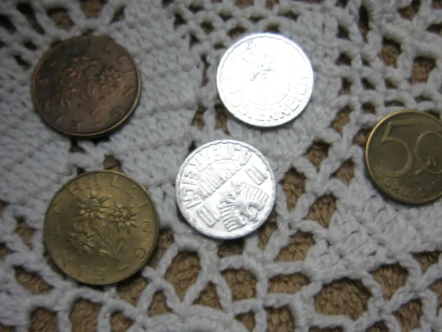 Austrian Coins (5) 10 Groschen '68, '76; 1 Schilling '70,'75; 50 Groschen 1965