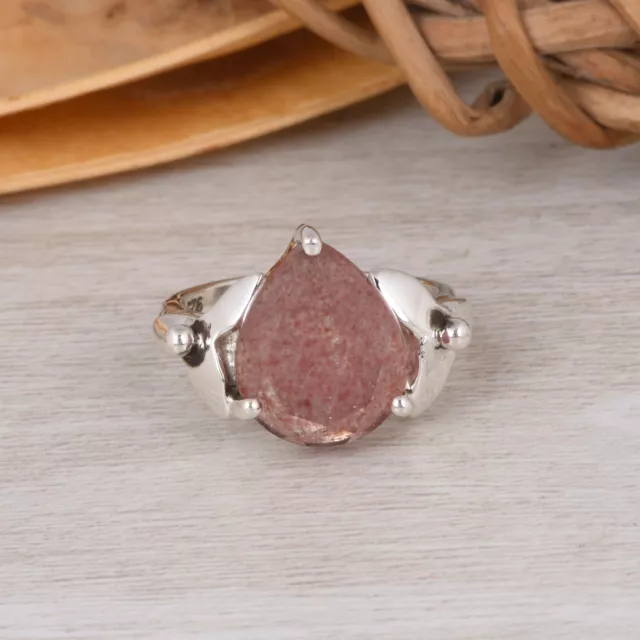Vintage Art Deco Strawberry Quartz 925 Sterling Silver Anniversary Ring For Gift