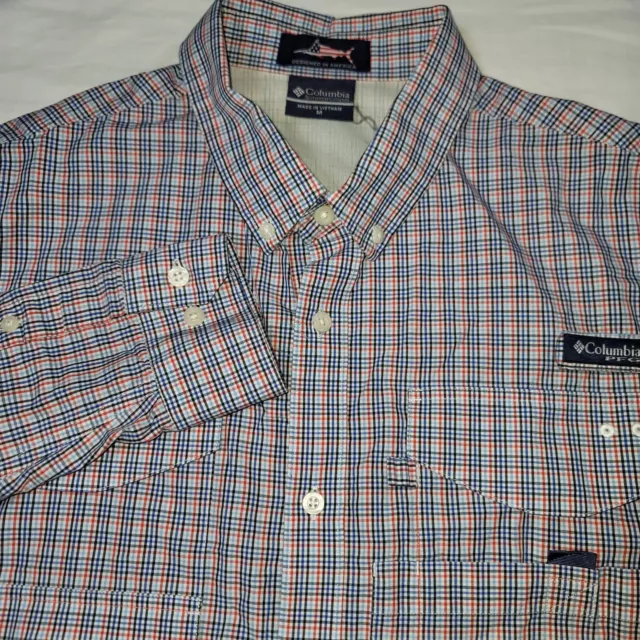 Columbia PFG Vented Fishing Shirt Button Down Gingham Plaid Mens SzM Red Wht Blu