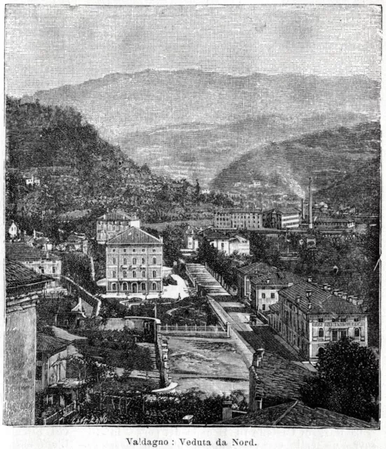 Valdagno: panorama. Vicenza. Stampa antica di 120 anni + passepartout. 1901