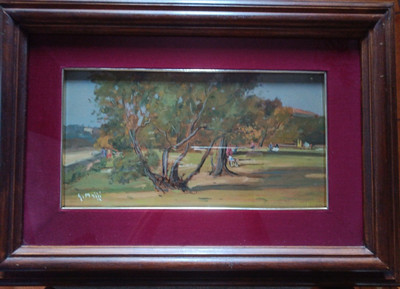 Olio su Tavola cm 35 x 18.5 Giardini con figure Aldo MAZZI 