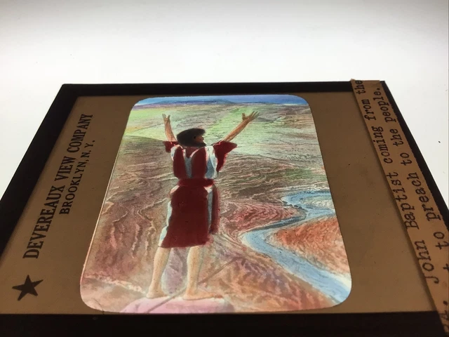 Antique Color Glass Magic Lantern Bible Slide JOHN BAPTIST PREACHING TO PEOPLE