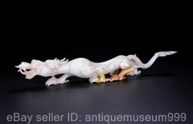 11.6" Chinese Natural Hetian White Jade Nephrite Carving Dragon Beast Statue