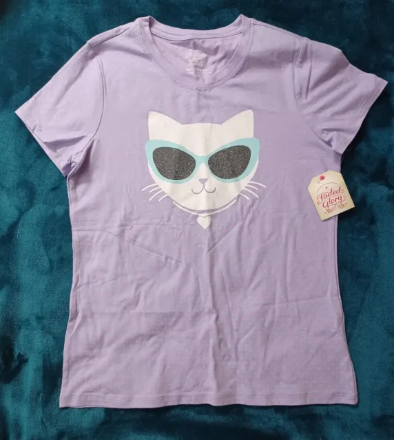 🐱 Girl's XL Purple 😎 Cool Kitty Cat Shirt New Nwt 14-16 Purple Top Polka Dot