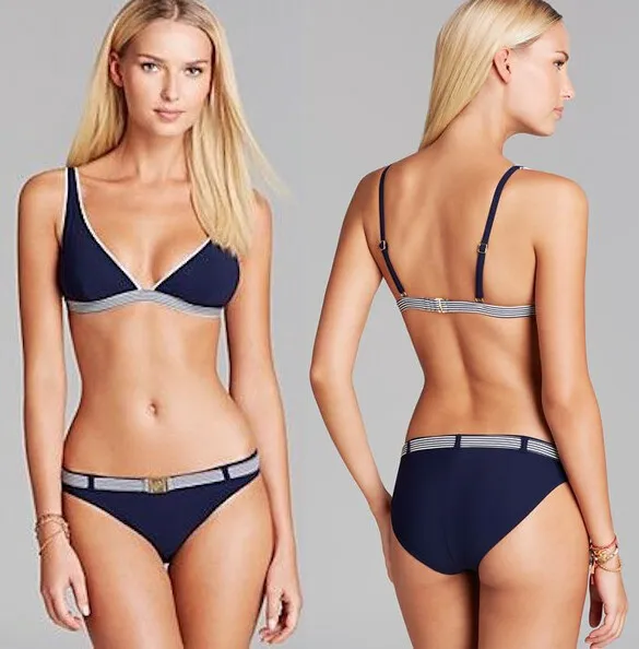 $230 Tory Burch Menton Navy Stripe Top & Belted Bottom Swimsuit Bikini Set L