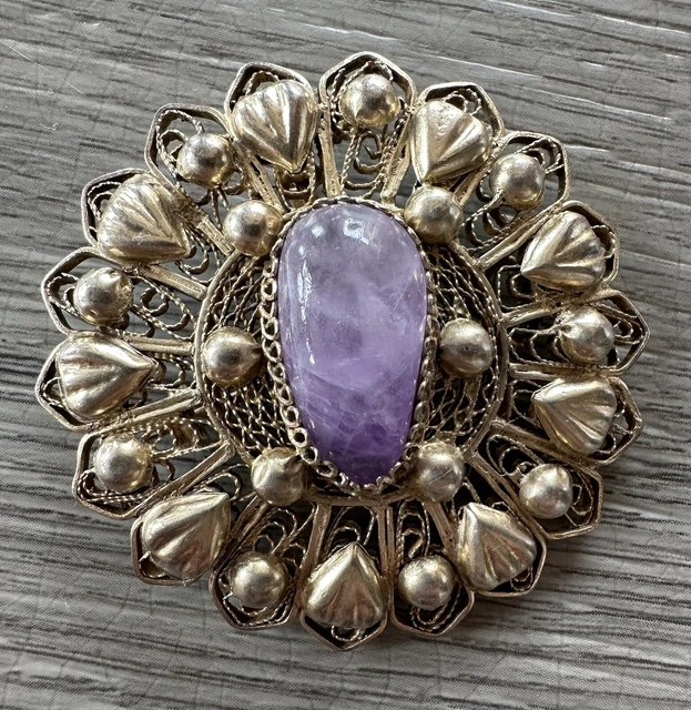 Ancienne broche en argent massif et améthyste