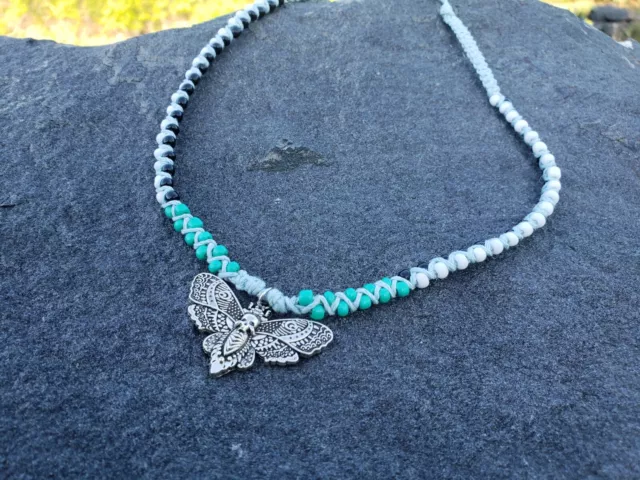 Handmade Hemp Death Moth Necklace With Glass Accent Beads