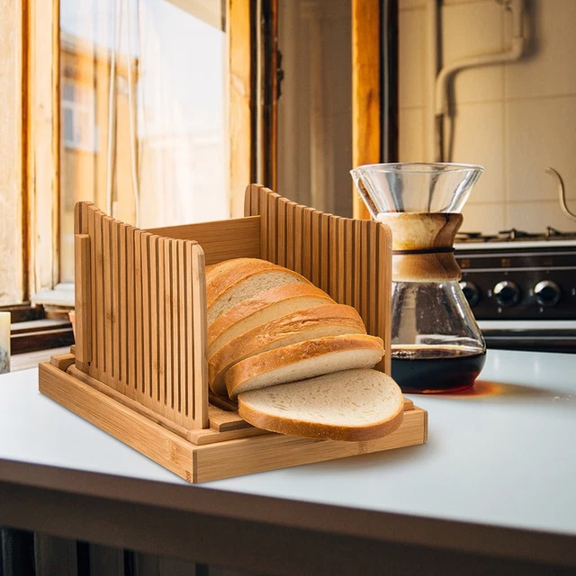BAMBOO BREAD SLICER with Cutting Board Foldable Adjustable Bread Slicer