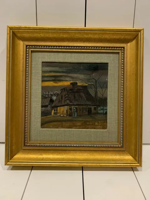 Vintage Oil on Canvas Old Country House with woman outside door Signed WBRUL